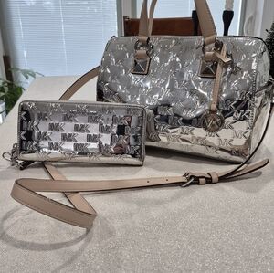 Michael Kors Silver and Tan Satchel Set
